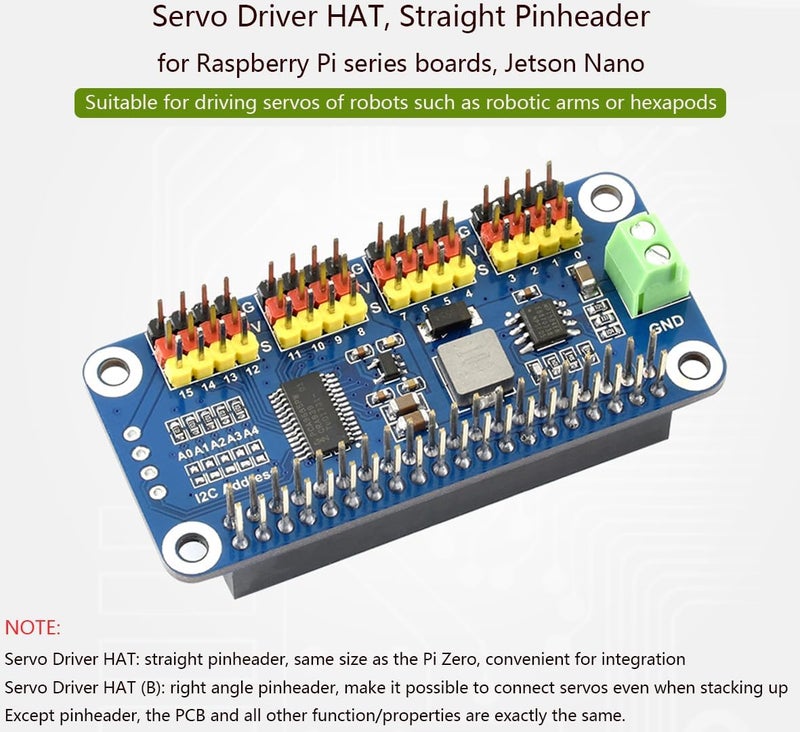 UBEEKOO محرك سيرفو PWM HAT متوافق مع Raspberry Pi 5/4/3B+/ 3B Zero/Zero W/Zero WH و Jetson Nano، واجهة I2C 16 قناة 12 بت مع دبابيس مستقيمة - Image 2
